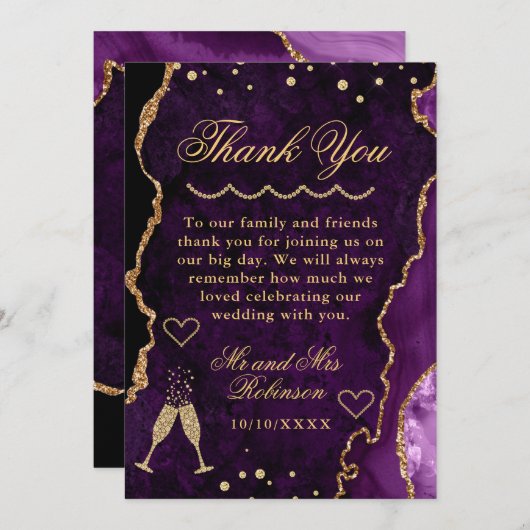 Lila & Gold Glitzer Marble Agate Wedding Dankeskarte (Vorne/Hinten)