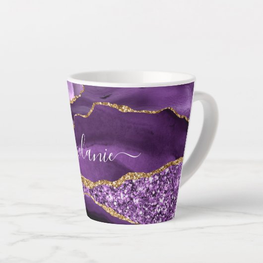 Lila Gold Glitzer Marble Individuelle Name Latte T Milchtasse (Rechte Ecke)