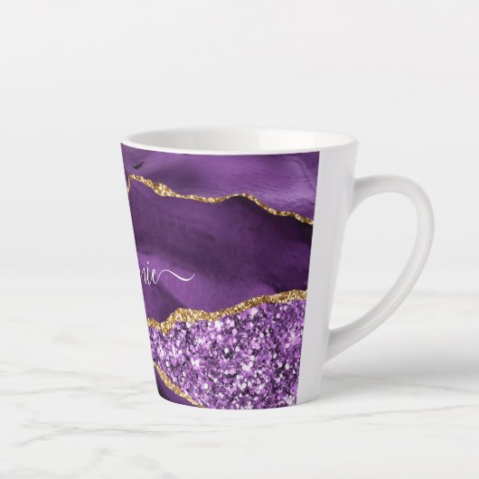 Lila Gold Glitzer Marble Individuelle Name Latte T Milchtasse (Rechts)