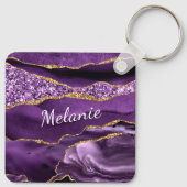 Lila Gold Glitzer Marble Individuelle Name Schlüss Schlüsselanhänger (Rückseite)