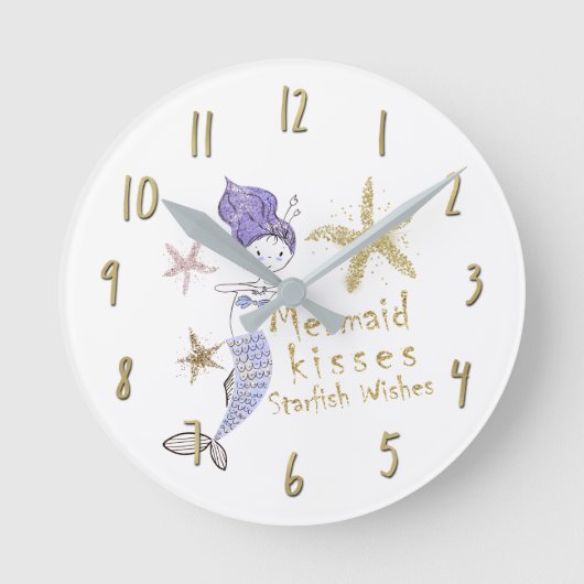 Lila Gold Glitzer Mermaid wünscht Starfish Kisses Runde Wanduhr (Vorderseite)