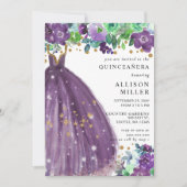 Lila Gold Glitzer mit Blumenchic, Kleidung QUINCEA Einladung (Vorderseite)