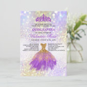 Lila Gold Glitzer Quinceaneara Party Einladung (Stehend Vorderseite)