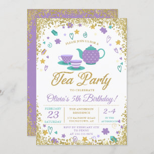 Lila Gold Glitzer Tee Party Girls Hunger Einladung