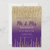 Lila Gold Glitzer Tropfen Drehbuch MR MRS Hochzeit Einladung (Vorderseite)