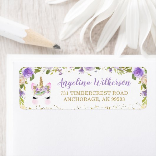 Lila Gold Glitzer Unicorn Rücksendeadresse (Insitu)