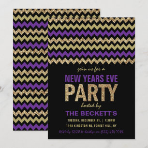 Lila & Gold Glitzer Zickzack New Years Party Einladung