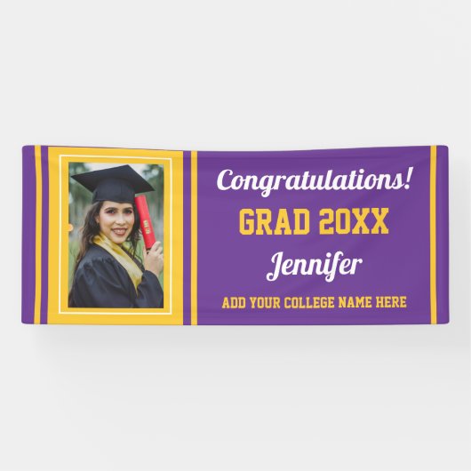 Lila Gold Glückwunsch Grad Custom Foto Abschluss Banner (Horizontal)