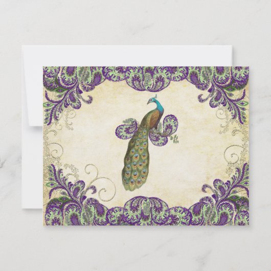 Lila Gold & Green Peacock Wedding RSVP (Rückseite)