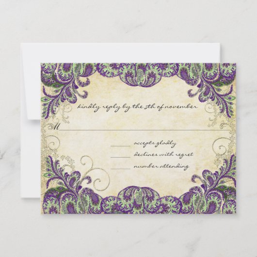 Lila Gold & Green Peacock Wedding RSVP Karte (Vorderseite)