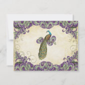 Lila Gold & Green Peacock Wedding RSVP Karte (Rückseite)