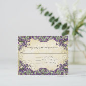 Lila Gold & Green Peacock Wedding RSVP Karte (Stehend Vorderseite)