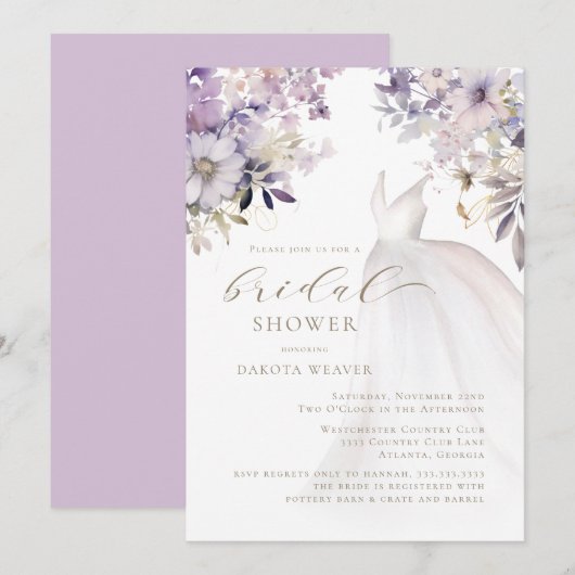 Lila Gold Greenery Wedding Dress Brautparty Einladung (Vorne/Hinten)