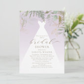 Lila Gold Greenery Wedding Dress Brautparty Einladung (Stehend Vorderseite)