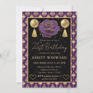 Lila & Gold Herz Damast & Rose 21. Geburtstag Einladung
