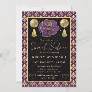 Lila & Gold Herz Damast & Rose Sweet 16 Einladung