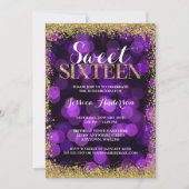 Lila Gold Imitate Glitzer Lights Sweet 16 Geburtst Einladung (Vorderseite)