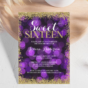 Lila Gold Imitate Glitzer Lights Sweet 16 Geburtst Einladung