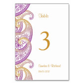 Lila & Gold Indian Paisley Wedding Tischnummer (Rückseite)