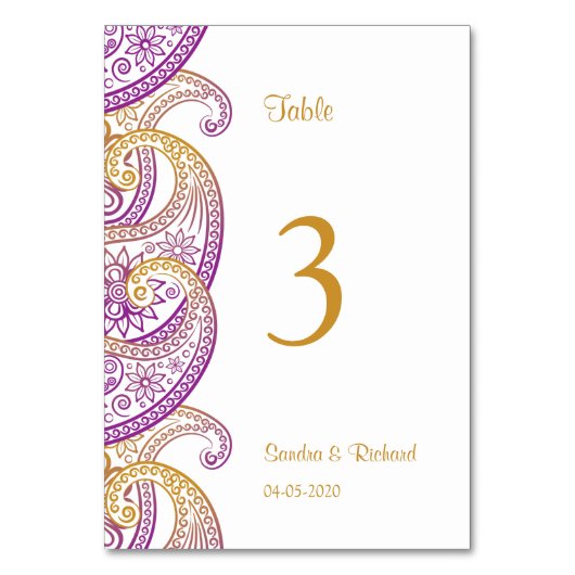 Lila & Gold Indian Paisley Wedding Tischnummer (Vorderseite)
