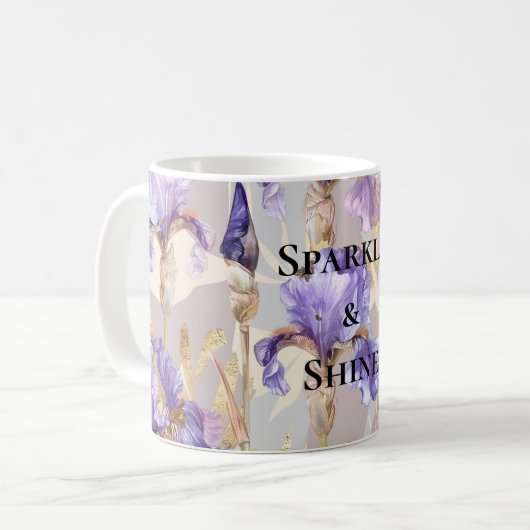 Lila Gold-Iris-Blume Kaffeetasse (Vorderseite Links)