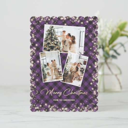 Lila Gold Karierte Fotocollage Frohe Weihnachten (Stehend Vorderseite)