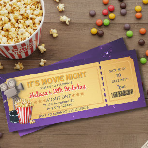 Lila Gold Kino Nacht Ticket Geburtstagsfeier Einladung