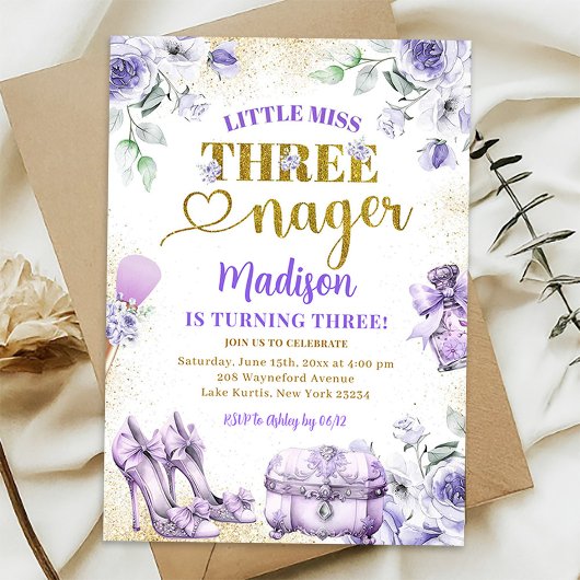 Lila Gold Kleine Miss Drohenager Dritter Geburtsta Einladung