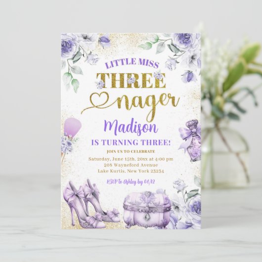 Lila Gold Kleine Miss Drohenager Dritter Geburtsta Einladung (Stehend Vorderseite)