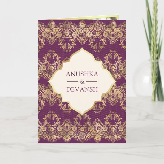 Lila Gold Lace QR Code Foto Indische Hochzeit Einladung (Vorderseite)