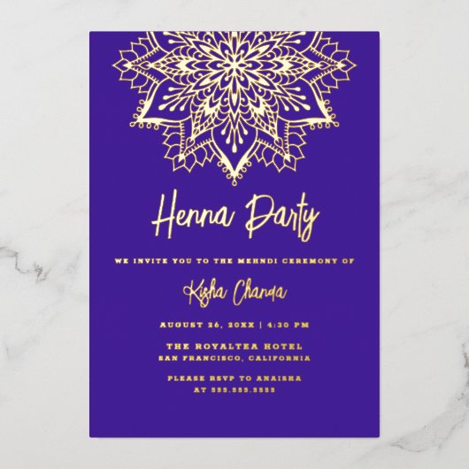 Lila Gold Mandala Henna Party Mehndi Real Gold Folieneinladung (Vorderseite)