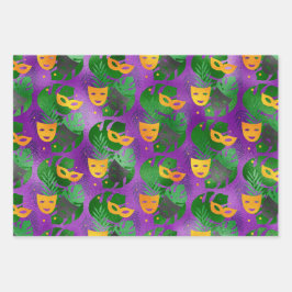LILA GOLD MARDI GRAS MASKS FEATHERS GESCHENKPAPIER SET