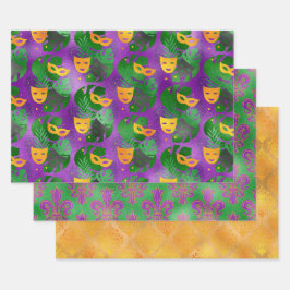 LILA GOLD MARDI GRAS MASKS FEATHERS GESCHENKPAPIER SET
