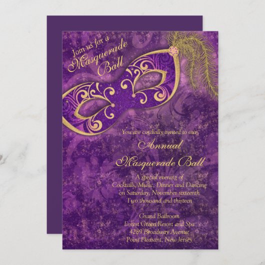 Lila Gold Masquerade Ball Mardi Gras Party Einladung (Vorne/Hinten)