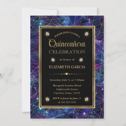 Lila & Gold Midnight Crystal Galaxy Quinceanera Einladung (Vorderseite)
