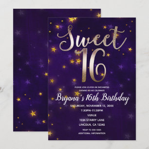 Lila & Gold Nacht unter den Sternen Sweet 16 Party Einladung