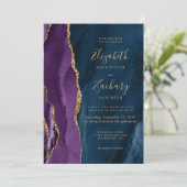 Lila Gold Navy Blue Agate QR Code Hochzeit Einladung (Stehend Vorderseite)