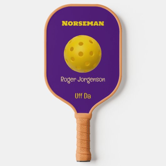 Lila Gold Norseman Custom Uff Da Pickleball Schläger (Vorderseite)
