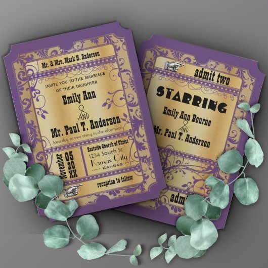 Lila Gold Old Hollywood Vintag Ticket Wedding Einladung