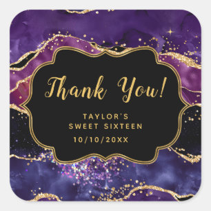 Lila Gold Pailletten Achat Sweet Sixteen Dankeschö Quadratischer Aufkleber