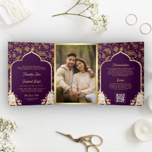 Lila Gold Paisley Blumen QR Code Indische Hochzeit Dreifach Gefaltete Einladung