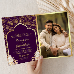 Lila Gold Paisley Blumen QR Code Indische Hochzeit Einladung