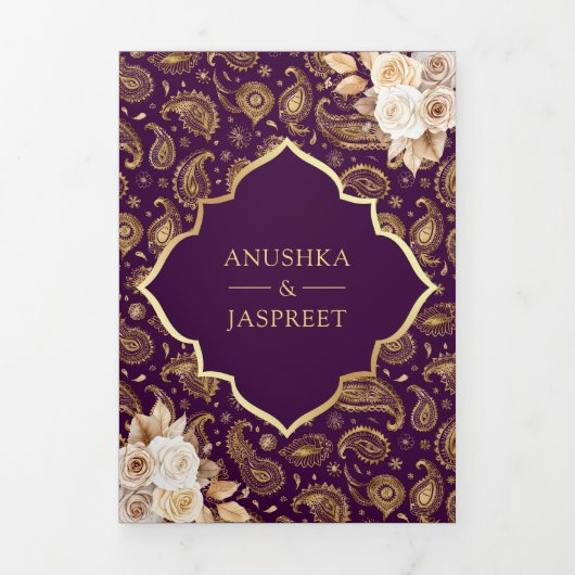 Lila Gold Paisley Floral QR Code Indian Wedding Dreifach Gefaltete Einladung (Cover)