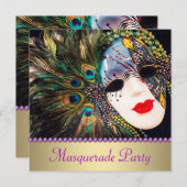 Lila Gold Peacock Feather Masquera Party Einladung (Vorne/Hinten)