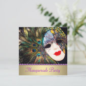 Lila Gold Peacock Feather Masquera Party Einladung (Stehend Vorderseite)