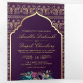 Lila Gold Peacock Pattern Floral Indian Wedding Dreifach Gefaltete Einladung (Innen Erste Seite)