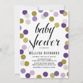 Lila & Gold Polka Dots Confetti Babydusche Einladung (Vorderseite)