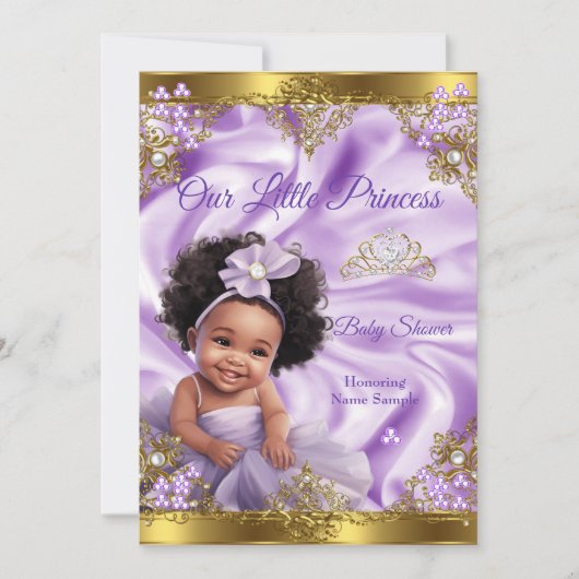 Lila Gold Princess Baby Dusche Ethnic Girl Einladung (Vorderseite)