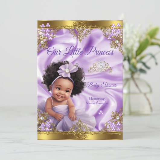 Lila Gold Princess Baby Dusche Ethnic Girl Einladung (Stehend Vorderseite)