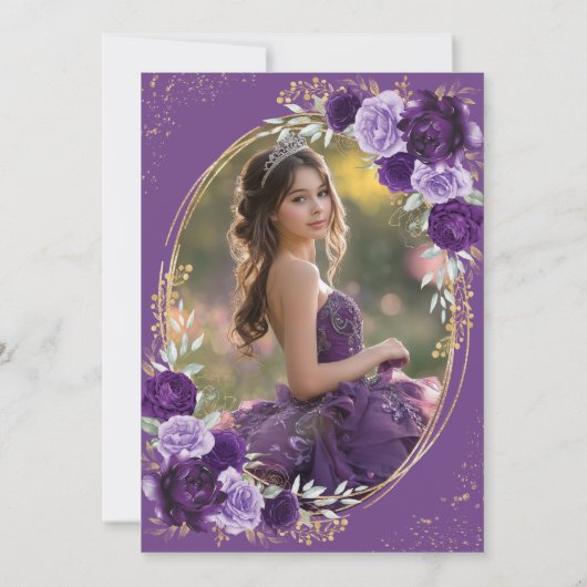 Lila Gold Quinceañera Blume Schmetterling Foto Einladung (Rückseite)